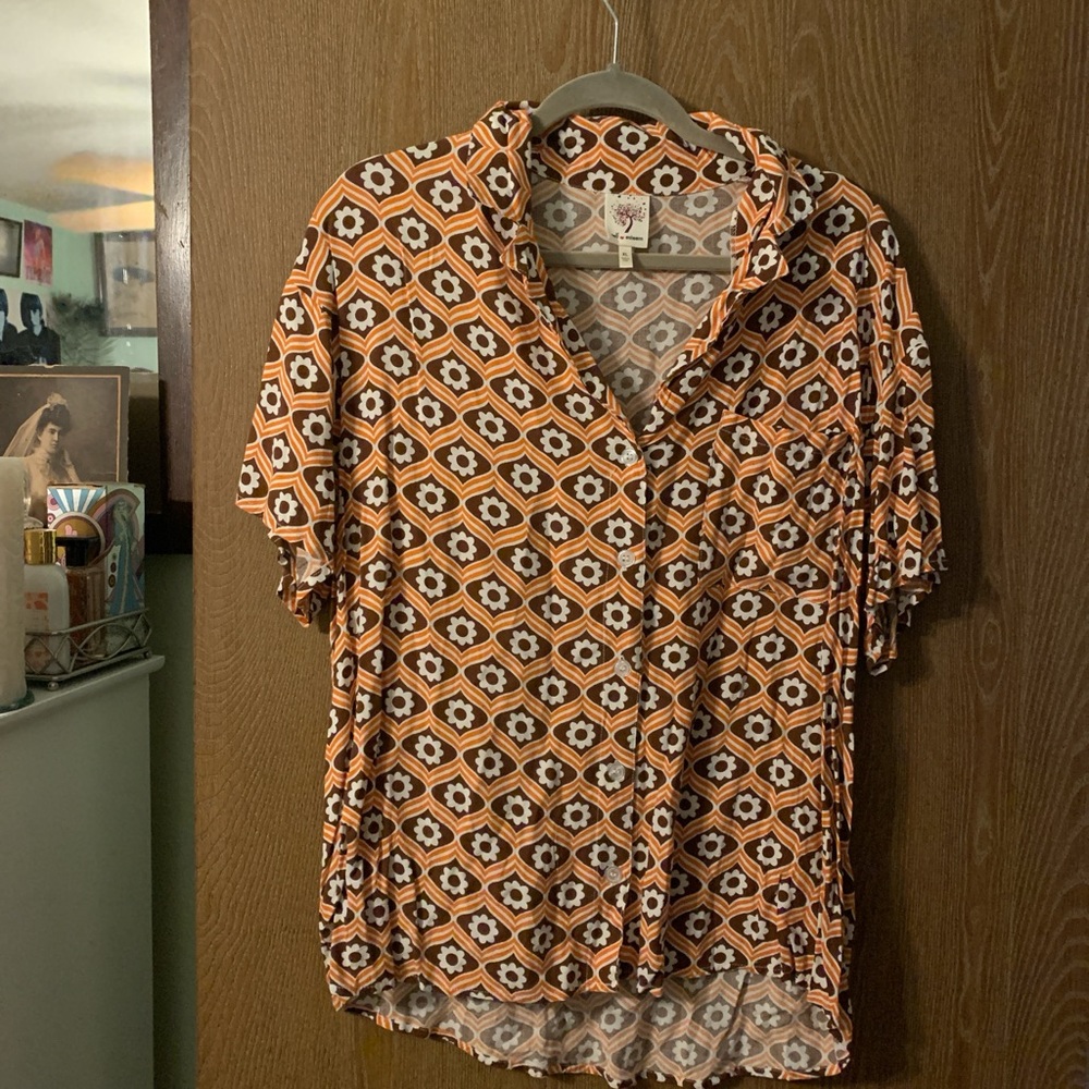 Orange, brown, and white button down